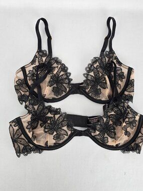 Victoria’s Secret Very Sexy Unlined Demi Lace Bra 2 pc 32C Nude Black Floral